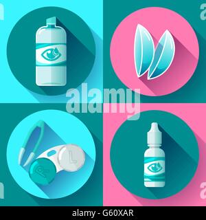 Contact lens, Container, daily solution, eye drops and tweezers icons Stock Vector