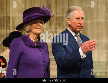 The Prince of Wales and the Duchess of Cornwall arrive for the enthronement of the Archbishop of Canterbury Most Reverend Justin Welby at Canterbury Cathedral in Canterbury, Kent. Stock Photo