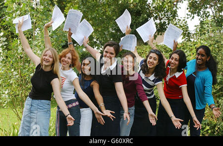 Celebrating getting five Grade 'A' passes at A - Level (l-r) Sarah Bowden, Sarah Cooper, Isha Desai, Sophie Doran, Polly Dowton, Bahar Mirshekar-Syahkal, Negar Mirshekar -Syahkal, and Tanuja Rudra at Colchester County High School for Girls, Colchester, Essex. * The results sparked the now-customary chorus of criticism from some quarters - notably the Institute of Directors - that A-levels have been dumbed down, a claim rejected by ministers and teachers. See PA story EDUCATION A-Levels. PA Photo:Toby Melville Stock Photo