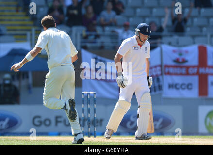 New Zealand's Tim Southee (left) celebrates as England's Johnny Bairstow (right) is caught behind by New Zealand's Ross Taylor (not pictured) during day five of the Third Test match at Eden Park, Auckland, New Zealand. Stock Photo