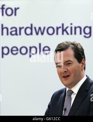 Chancellor of the Exchequer George Osborne speaking at the Morrisons distribution centre in Sittingbourne, Kent. Stock Photo
