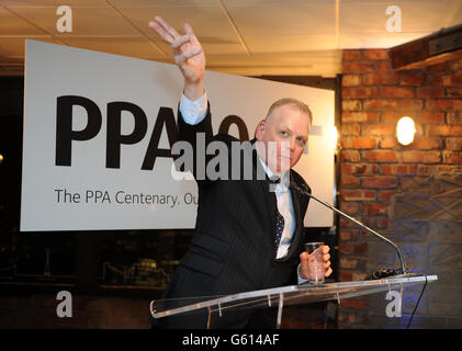 PPA CEO Barry McIlheney speaks at the Professional Publishers Association Centenary Opening party at the Skyloft, Millbank Tower, London. Stock Photo