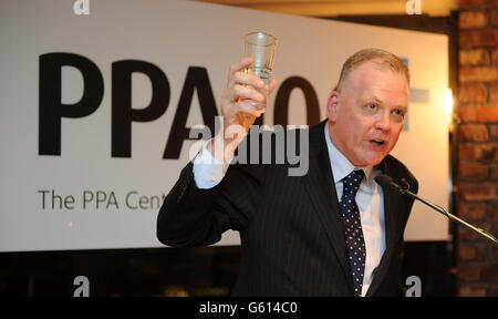 PPA CEO Barry McIlheney speaks at the Professional Publishers Association Centenary Opening party at the Skyloft, Millbank Tower, London. Stock Photo