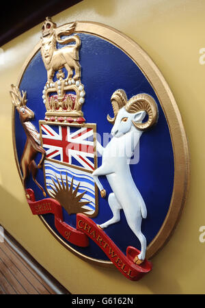 General view of a crest on the outside of the Spirit of Chartwell. The barge which was used by Her Majesty Queen Elizabeth II during the Diamind Jubilee river Pageant has been bought by Portugal river cruise company DouroAzul PRESS ASSOCIATION Photo. Picture date: Saturday March 23, 2013. See PA story Spirit . Photo credit should read: Andrew Matthews/PA Wire PRESS ASSOCIATION Photo. Picture date: Saturday March 23, 2013. See PA story ROYAL Spirit. Photo credit should read: Andrew Matthews/PA Wire Stock Photo