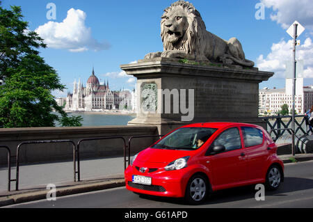 Lion guarding the Chain Bridge, Budapest Stock Photo