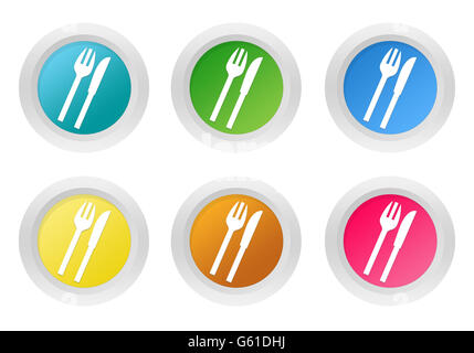 Set of rounded colorful icons with restaurant symbol in blue, green ...