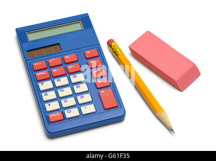 Blue Calculator with Pencil and Eraser Isolated on White Background. Stock Photo