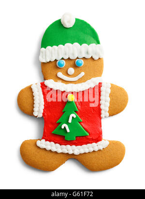 Christmas Gingerbread Cookie with Tree Sweater and Stocking Hat Isolated on White Background. Stock Photo