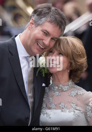 Coronation Street actress Helen Worth, who plays Gail Platt in the popular television soap opera, leaves St James Church in London, with her husband Trevor Dawson, following their wedding. Stock Photo