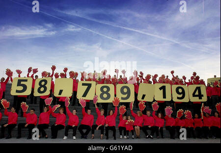 Numbers showing the population of the United Kingdom according to the 2001 census are held aloft during a photocall in London. * According to figures released by the Office for National Statistics, the population of the United Kingdom was 58,789,194 on April 29, the day of Census 2001. The figure was about one million smaller than estimates had shown in mid-2000, and country by country the figures were: England 49,138,831 (83.6% of total population); Scotland 5,062,011 (8.6%); Wales 2,903,085 (4.9%); Northern Ireland 1,685,267 (2.9%). Stock Photo