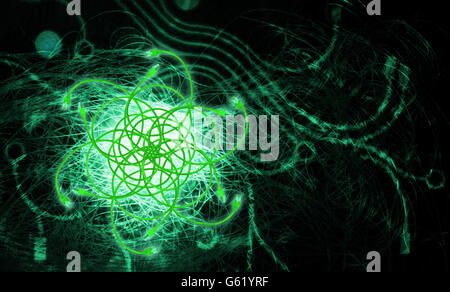 Technology internet connection cables, forming a flower mandala with shiny fiber optic cables. Stock Photo