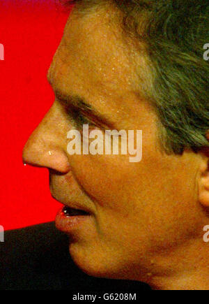 Beads of sweat roll down Prime Minister Tony Blair's nose as he delivers his keynote speech at the Labour Party conference in Blackpool. * Mr Blair told his party that ministers had not been'bold' enough in reforming public services. He also defended his co-operation with US president George Bush over Iraq. Stock Photo