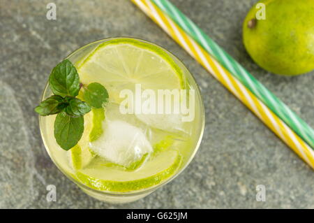 Cold green lime juice with ice cubes for a hot summer day Stock Photo