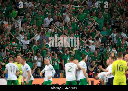 Fans celebrate in the stands as Republic of Ireland players celebrate qualifying for the round of 16 after the Euro 2016, Group E match at the Stade Pierre Mauroy, Lille. Stock Photo