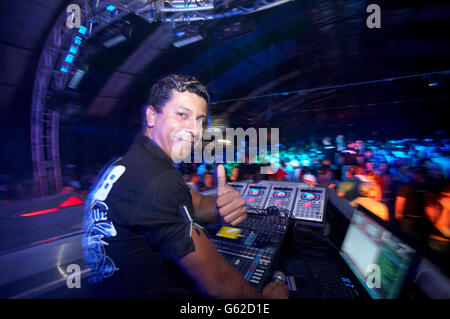 A wild rave or Aparelhagem party in a giant warehouse in Belem, Para, Brazil Stock Photo