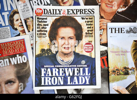 General view of the newspaper coverage from the 09/04/2013 reporting the news that the former British Prime Minister Baroness Margaret Thatcher died following a stroke at The Ritz Hotel in central London on the 08/04/2013. Thatcher was the UK's first female Prime Minister and was the leader of the Conservative Party. She was elected three times to lead the UK from 1975 before stepping down on the 28th November 1990. Stock Photo