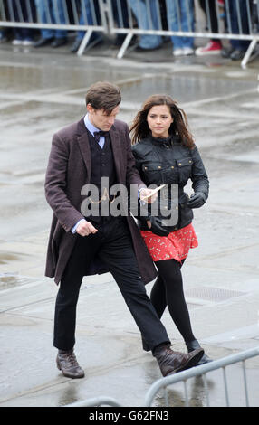 Jenna Louise Coleman and Matt Smith during filming of the popular television series Dr Who in London's Trafalgar Square today. Stock Photo