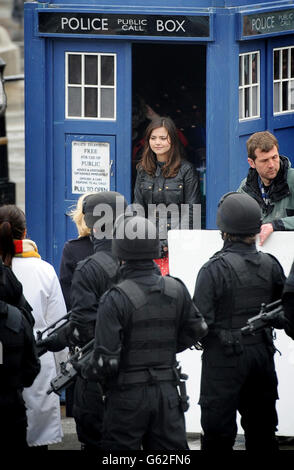 Jenna Louise Coleman during filming of the popular television series Dr Who in London's Trafalgar Square today. Stock Photo