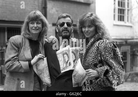 Former Beatles drummer Ringo Starr and his actress wife Barbara Bach with TV personality Sue Cook (left) at the launch of a scheme to boost the funds of charities in Britain. They are taking care of five pound notes for Charities at Work - a consortium of five leading organisations whose aim is to promote the new payroll giving scheme. The consortium organising the promotion consists of: The Spastics Society, The Royal Society for the Protection of Birds, NSPCC, Help the Aged and British Red Cross. Stock Photo