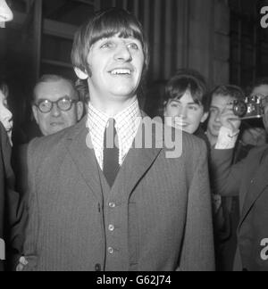 Beatles drummer Ringo Starr, pictured when he left University College Hospital in London after the removal of his tonsils. This event made a telephone operator at a London exchange to be employed solely on calls asking about his health. He entered the hospital on December 1 to have his tonsils removed and left hospital the following day. Stock Photo