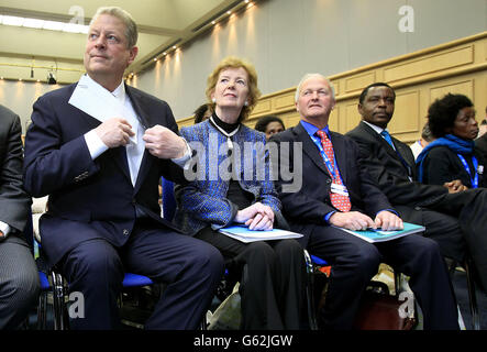 Former Vice President Al Gore (left) and Mary Robinson beside him at the Climate Justice international conference in Dublin Castle. Stock Photo