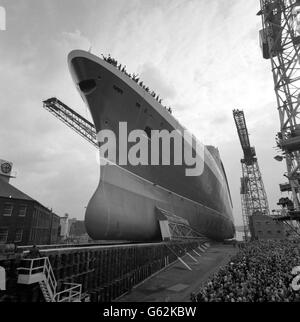 The launching of the newly-named Queen Elizabeth II by her Majesty the Queen at John Brown's Yard, Clydebank. The name of the new Cunard Q4 liner was kept secret until the launch. Stock Photo