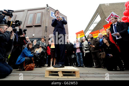 Labour Leader Ed Miliband takes to a pallet to talk to the resisdents of South Shields today to campaign in the by-election sparked by his brother David's decision to quit British politics. Stock Photo