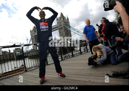 Athletics - 2013 Virgin London Marathon - British Athletes Photocall - Tower Hotel. Great Britain's Mo Farah poses during the photocall at the Tower Hotel, London. Stock Photo