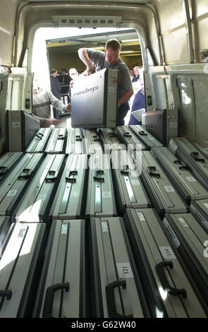 Portable electronic polling booths are loaded into a van at the Dublin County Sheriff's offices in Dublin, from where they will be distributed to schools and halls used for the referendum in the Republic of Ireland on the Treaty of Nice plan for enlarging the European Union. 8 Thanks to electronic voting, going on in seven of the 42 Irish parliamentary constituencies for the first time in a constitutional nationwide contest, the opening results should all be declared by around 1am on Sunday morning, just a few hours after the polls close. Stock Photo