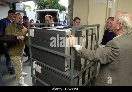 Portable electronic polling booths are loaded into a van at the Dublin County Sheriff's offices in Dublin, from where they will be distributed to schools and halls used for the referendum in the Republic of Ireland on the Treaty of Nice plan for enlarging the European Union. * Thanks to electronic voting, going on in seven of the 42 Irish parliamentary constituencies for the first time in a constitutional nationwide contest, the opening results should all be declared by around 1am on Sunday morning, just a few hours after the polls close. Stock Photo