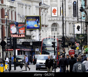 A view of (from left) the Lyric, Apollo, Gielgud and the Queens, theatres in Shaftesbury Avenue, central London.