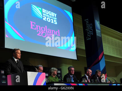 IRB CEO and RWCL Managing Director Brett Gosper (left) speaks during the Rugby World Cup 2015 venue announcement at Twickenham Stadium, London. Stock Photo