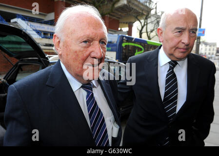 Former TV presenter Stuart Hall (left) arrives at The Sessions House Crown Court, Preston with solicitor Maurice Watkins (right). Stock Photo