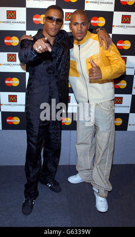 So Solid Crew members Harvey (R) and Romeo at the London Arena, Docklands, for the 2002 MOBO (Music of Black Origin) Awards. Stock Photo