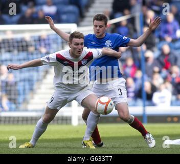 Soccer - Irn Bru Scottish Third Division - Rangers v Peterhead - Ibrox. Rangers' Sebastien Faure and Peterhead's Rory McAllister during the Irn Bru Scottish Third Division match at Ibrox Stadium, Glasgow. Stock Photo