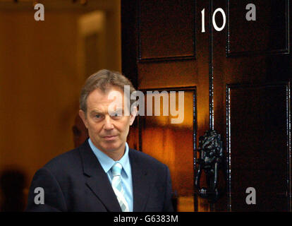 Britain Prime Minister Tony Blair addresses the media outside Number 10 Downing Street, London, over the Bali Bomb blast which killed hundreds of tourists at the weekend. * He condemned those responsible, saying they were not worried about the devastation they caused and said the latest outrage confirmed the need for all necessary measures in the global war against terrorism. Stock Photo