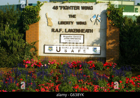 The main gate at RAF Lakenheath, Suffolk. Twenty-seven American airmen based at Lakenheath, one of the biggest American fighter bases outside the US, are at the centre of an investigation into the use and distribution of illegal drugs. * United States Air Force officials said a four-month investigation had provided evidence that the servicemen might have been involved in the use, possession, and distribution of drugs including Ecstasy and marijuana. Stock Photo