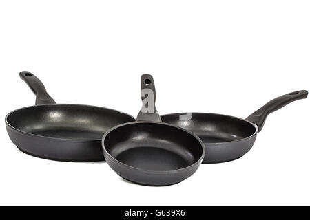 Three frying pans, isolated on white background Stock Photo