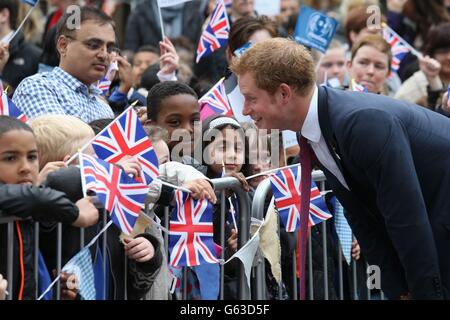 Prince Harry arrives to open the new headquarters of Headway, the brain injury charity during an official visit to Nottingham. Stock Photo