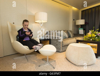 Paralympic swimmer Ellie Simmonds relaxes in The Haven Deluxe Owner's Suite on board Norwegian Cruise Line's new ship, the 146,600 tonne Norwegian Breakaway. Stock Photo