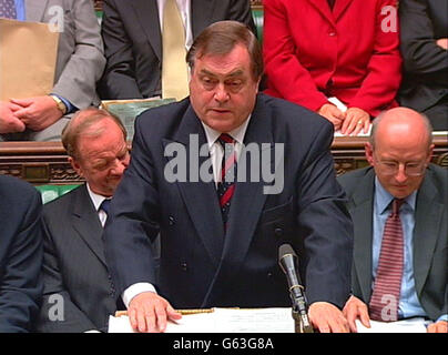 Screen grab of Deputy Prime Minister John Prescott talking about the firefighter's dispute at the House of Commons, London, with Fire Service Minister Nick Raynsford (right) listening. * Mr Prescott is speaking amid accusations by union leaders that the Government is attempting to blackmail them into calling off a planned series of strikes. Stock Photo