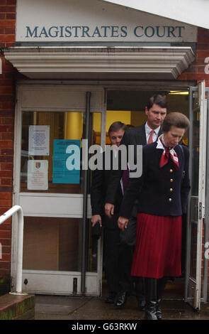 The Princess Royal, her husband, Commander Tim Laurence leave East Berkshire Magistrates Court in Slough after she admitted a charge under the Dangerous Dogs Act after one of her pets bit two children in Windsor Great Park. * The Princess was fined 500 and ordered to pay 250 in compensation: District Judge Penelope Hewitt also ordered that her dog Dotty should be kept on a lead in public places and should undergo training.She and her husband had been summonsed under Section 3 (1) of the Dangerous Dogs Act 1991 and are alleged to have been in charge of a dog that was dangerously out of control Stock Photo