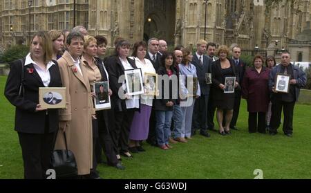 Families of young soldiers who died while serving as members of the armed forces outside the Houses of Parliment, London after meeting MPs, The families have renewed their calls for an immediate public inquiry. Stock Photo