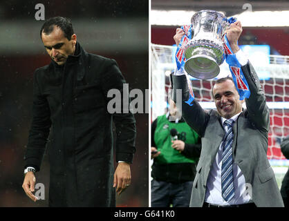 Composite photo of Wigan Athletic's manager Roberto Martinez standing dejected as his side are relegated from the Premier League (left) and celebrating their victory over Manchester City in the FA Cup Final three day earlier. PRESS ASSOCATION Photo. Picture issued: Tuesday May 14, 2013. Photo credit should read: PA Wire. Stock Photo