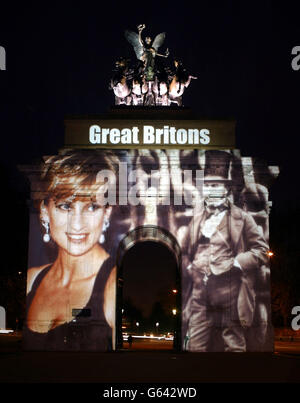 Images of the Top Ten Great Britons being projected on to the Wellington Arch in London. The Great Britons Live Final will be broadcast on BBC2. Image shows Diana, Princess of Wales (1961 - 1997) (left) who is currently in third place in the poll. * .. and Isambard Kingdom Brunel (1806 - 1859) who is in second place. Stock Photo