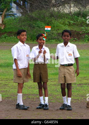 Indian school children with a flag celebrating the Indian independence day Stock Photo