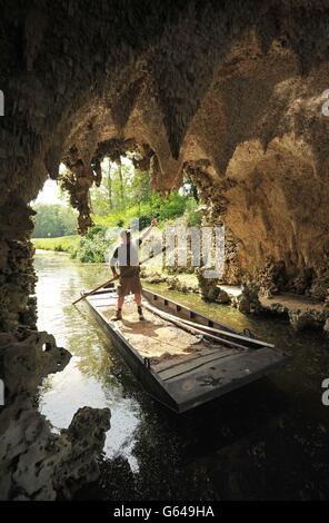 General view of stalactite decorations inside an 18th century restored grotto at Painshill Park landscape garden in Cobham, Surrey. Stock Photo