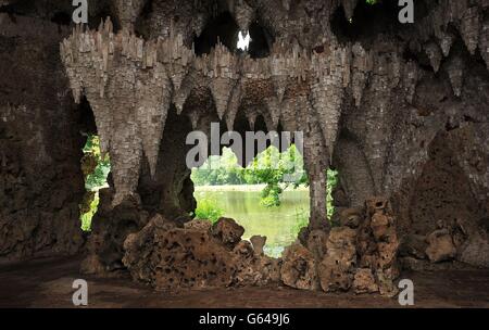 General view of stalactite decorations inside an 18th century restored grotto at Painshill Park landscape garden in Cobham, Surrey. Stock Photo