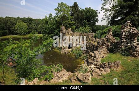 Restored 18th century crystal grotto. General view of an 18th century restored grotto at Painshill Park landscape garden in Cobham, Surrey. Stock Photo