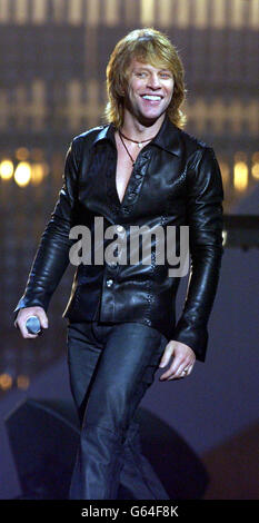 Jon Bon Jovi of US Rock group Bon Jovi performing during the MTV Europe Music Awards 2002, at the Palazzo Sant Jordi. Stock Photo